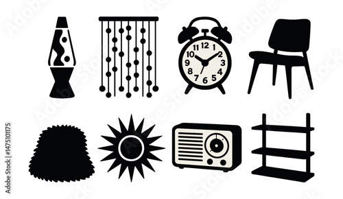 Retro decor silhouette icons set – stylish, vintage and classic home elements