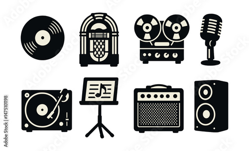 Retro music icons set – silhouette, classic and vintage audio symbol collection