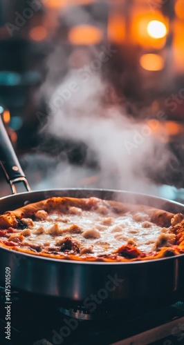 Hot pizza cooking in a pan, steaming.  Delicious aroma fills the air
