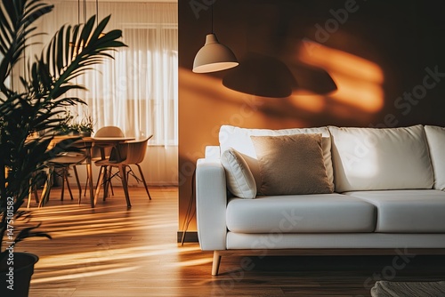 Sunlight streams into a modern, open-plan living area with a warm brown accent wall, highlighting a white sofa and a dining area