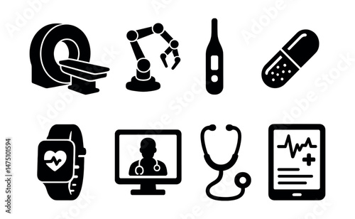 Medical tech silhouette icons set – healthcare, digital and technology symbols