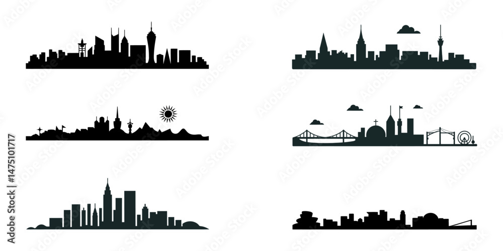 Fototapeta premium City silhouette skyline collection. Set of black city silhouette. Night town skyline icons, City skylines, Highly Detailed Skylines (Complete, Moveable Buildings), city skyline set line art silhouette