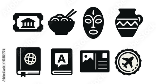 Cultural exploration icons set – silhouette, heritage and tradition graphic symbols