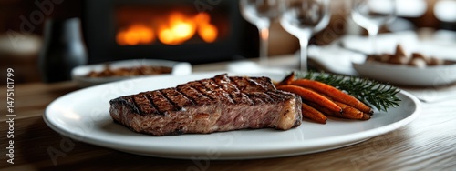 Grilled steak with roasted carrots, served on a white plate