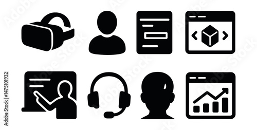 Virtual training silhouette icons set – online learning and education symbols