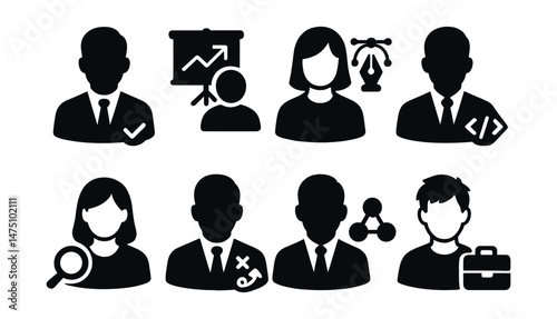 Team roles icons set – silhouette, team dynamics and collaboration symbol pack