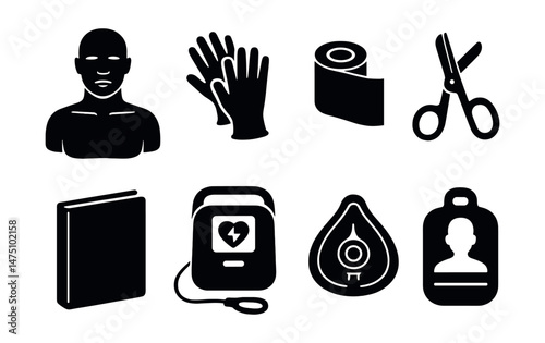 First aid essentials silhouette icons set – emergency, medical, healthcare symbols