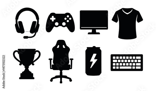 Esports gear icons set – silhouette, gaming and technology essentials