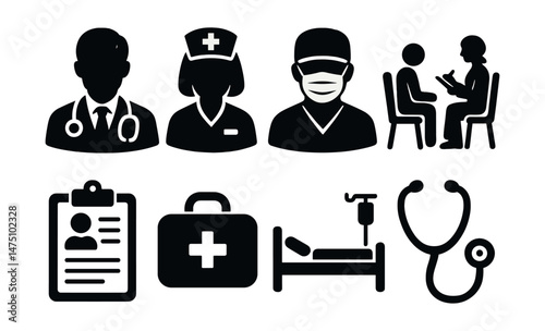 Medical team silhouette icons set – simple, healthcare and clinical symbols
