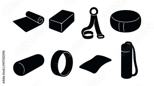 Yoga gear silhouette icons set – mats, straps and blocks for fitness and meditation