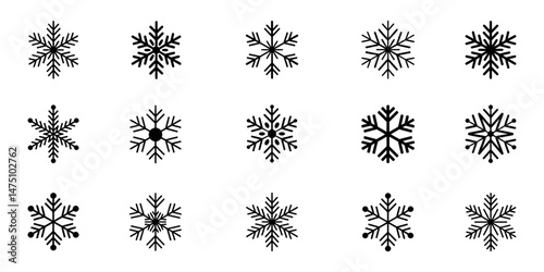 snowflake silhouettes, Set of decorative white snowflake silhouette isolated on dark blue. New year holiday decoration. Vector illustration, Snowflake icons set. Christmas and winter collection.