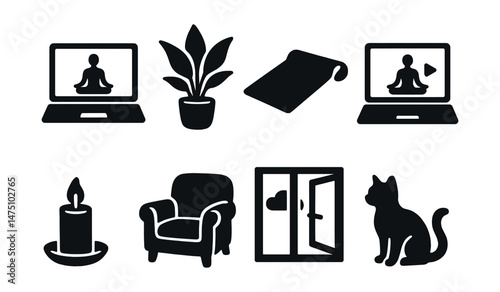 Yoga and home essentials icons set – silhouette, wellness and relaxation symbols