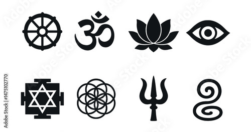 Spiritual yoga icons set – silhouette, meditation and mindfulness symbols