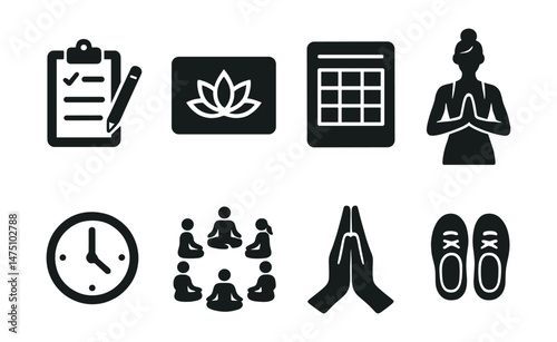 Yoga class silhouette icons set – simple meditation and mindfulness symbols