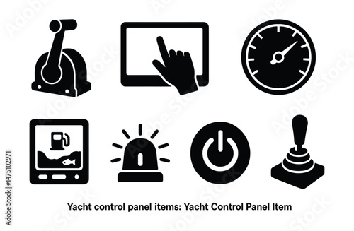 Yacht control panel icons set – silhouette, marine navigation and boating symbols