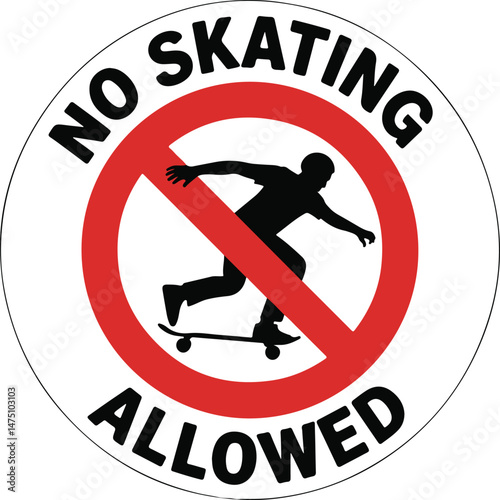 No Skating Sign black silhouette with skateboarder and red slash, emphasizing safety and restriction in a minimalist