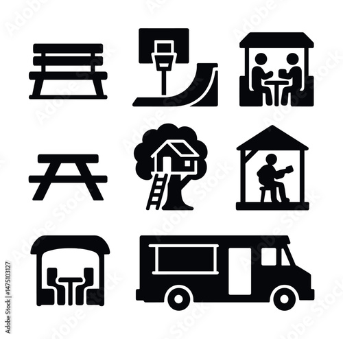 Social hangout icons set – silhouette, gathering and meeting point symbols