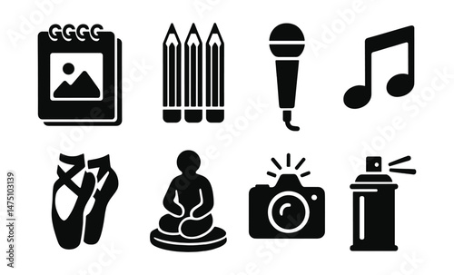 Creative expression icons set – silhouette, art, and hobby symbol collection