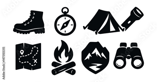 Outdoor adventure silhouette icons set – camping, hiking, and exploration symbols