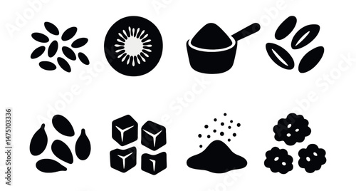 Healthy yogurt toppings icons set – silhouette, nutritious snack and food symbols
