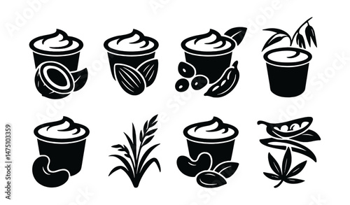 Dairy-free yogurt silhouette icons set – plant-based, non-dairy and vegan symbols