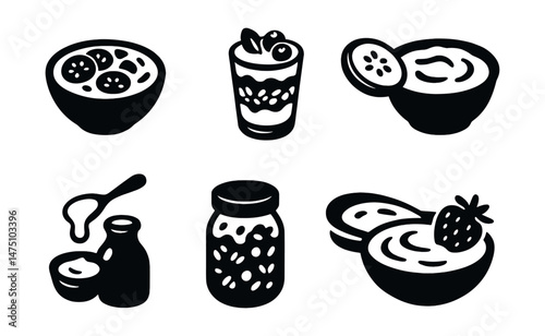 Yogurt and dairy silhouette icons set – simple, food and kitchen symbols