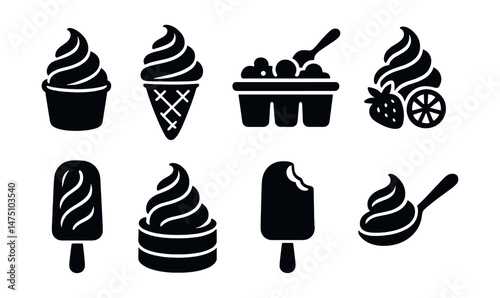 Frozen yogurt icons set – silhouette, dessert and sweet treat graphic symbols