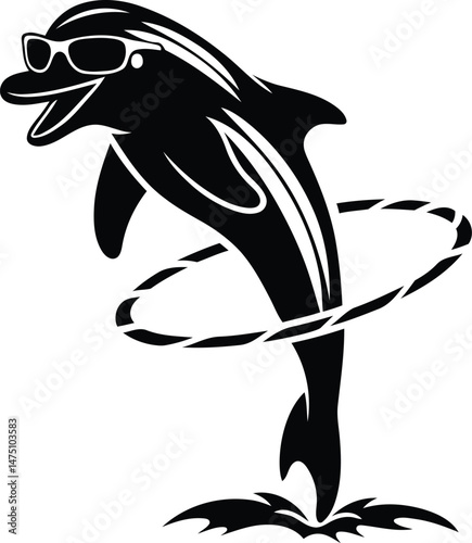 Cute dolphin jumping through a hoop while wearing sunglasses silhouette vector art, dolphin jumping through a hoop while wearing sunglasses line art vector illustration design