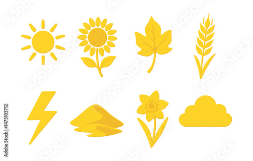 Yellow nature silhouette icons set – simple botanical and nature symbol collection