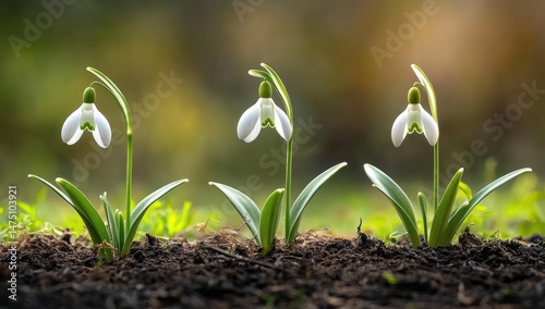 Three delicate snowdrops emerge from dark soil, bathed in soft sunlight.  Fresh spring blossoms against a blurred natural backdrop