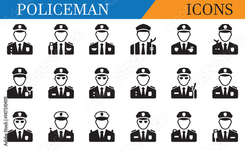 Set of police officer silhouettes in uniform, representing law enforcement, security, and public service in a minimalist black design.