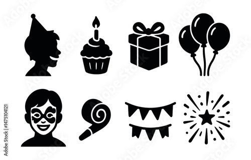Birthday celebration icons set – silhouette, simple and festive party elements