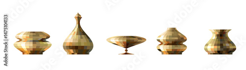 Gold Geometric mosaic abstract vase set. Vector illustration of decorative mosaic vases. Unique shapes and warm tones for artistic design and interior projects.