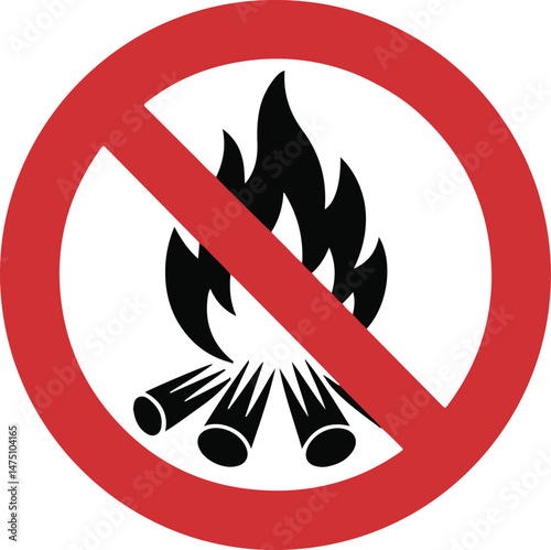 No Campfire Sign black silhouette with flames and red slash, underscoring fire safety and prohibition