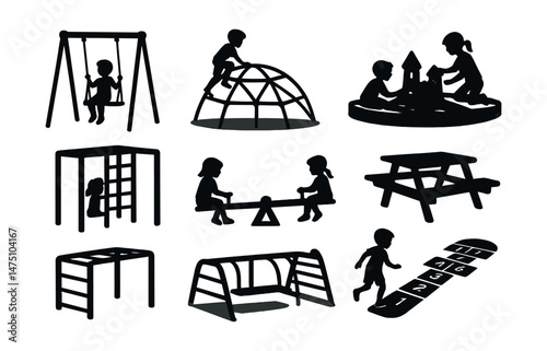 Playground equipment silhouette icons set – simple, children and park play symbols