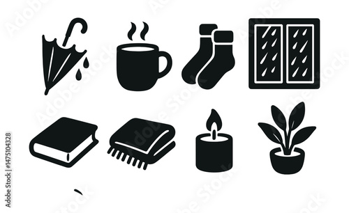 Cozy rainy day icons set – silhouette, comfort, warmth, and relaxation symbols