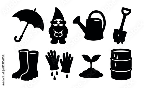 Rainy garden silhouette icons set – outdoor, gardening and weather symbols