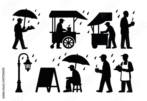 Rainy street vendor icons set – silhouette, market and weather symbols