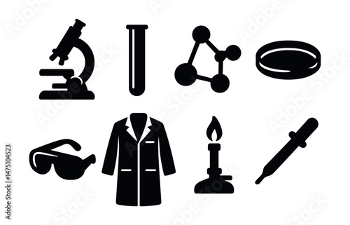 Science tool silhouettes icons set – simple, laboratory and research equipment symbols