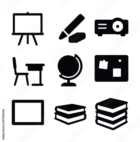 Classroom icons set – silhouette, education and learning theme symbols for schools