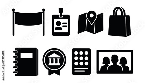 Orientation week silhouette icons set – simple, event, and school symbols collection