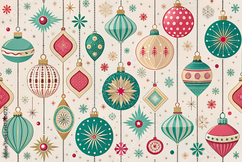 Seamless Vintage Christmas Ornament Pattern Teal Gold Red