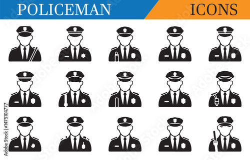 Set of police officer silhouettes in uniform, representing law enforcement, security, and public service in a minimalist black design.