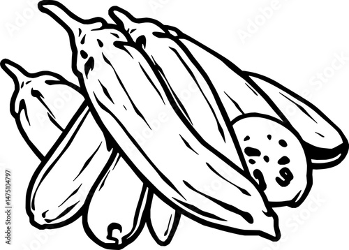 Line Art Drawing Of Fresh Okra Pods And Slices
