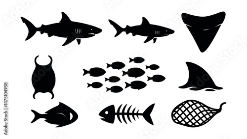 Shark silhouette icons set – unique, simple and aquatic symbols for marine design