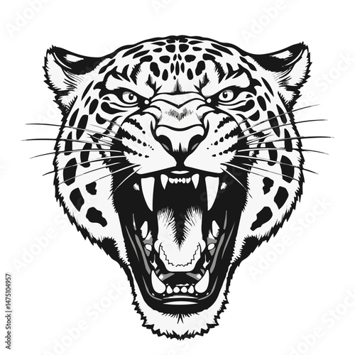 Fierce roaring leopard head illustration on white background  