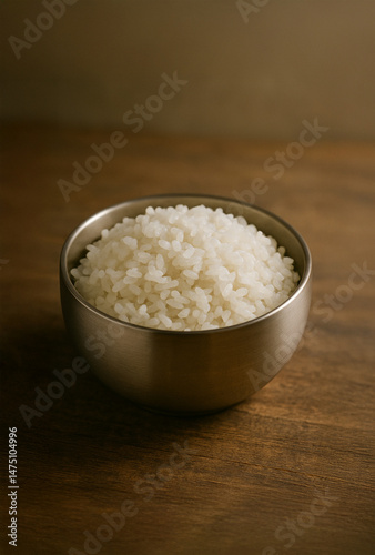Simple white korean pap rice on metal plate closeup