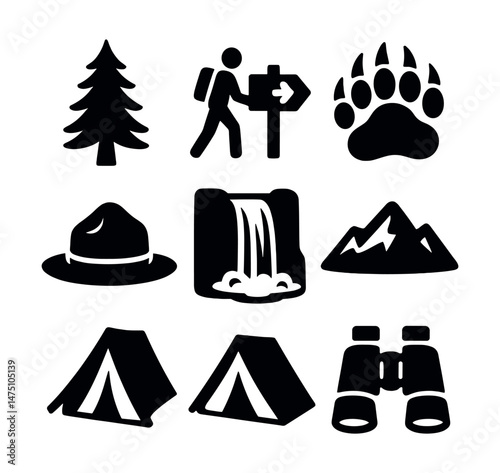National park silhouette icons set – nature, outdoor adventure and camping symbols