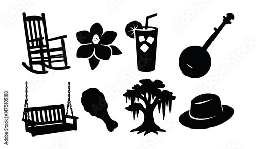 Southern charm silhouette icons set – classic, vintage and retro symbols