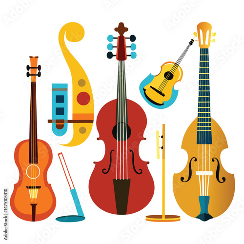 Six classic quartet instrument on white background